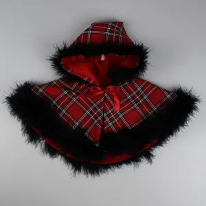 Red Tartan Cape with Black Maribou Feather Trim