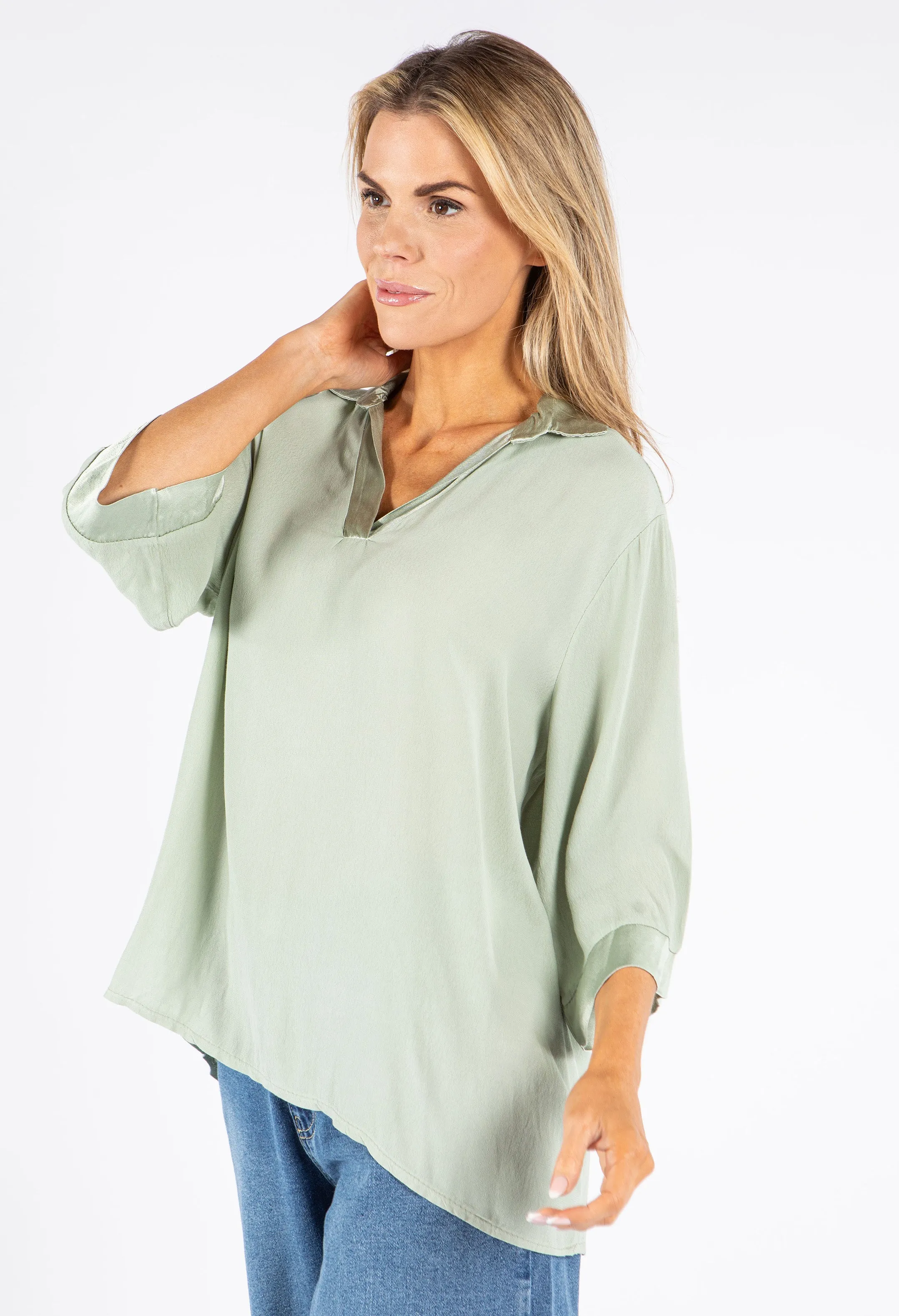 Relaxed Satin Feel V-Neck Top