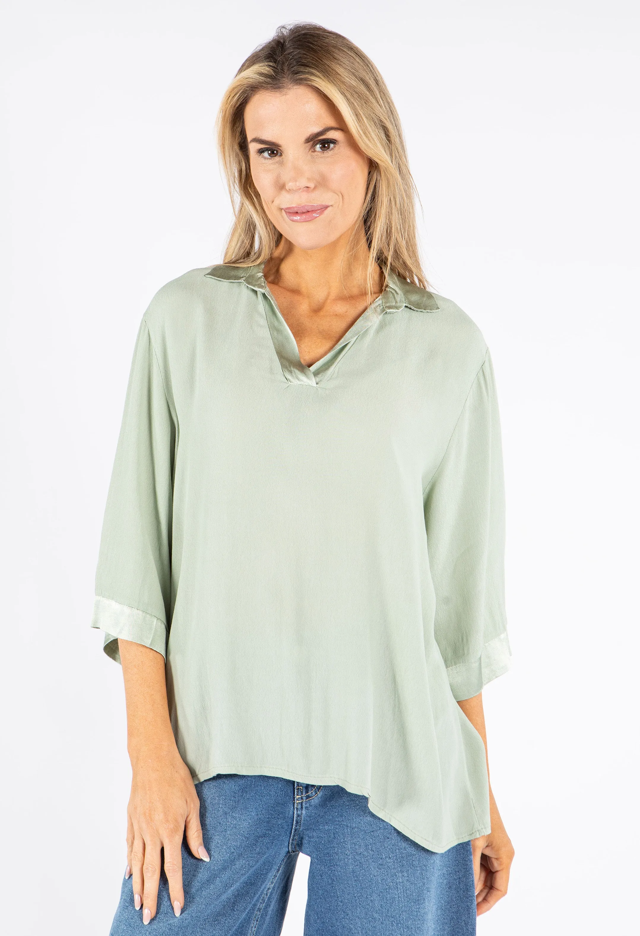 Relaxed Satin Feel V-Neck Top