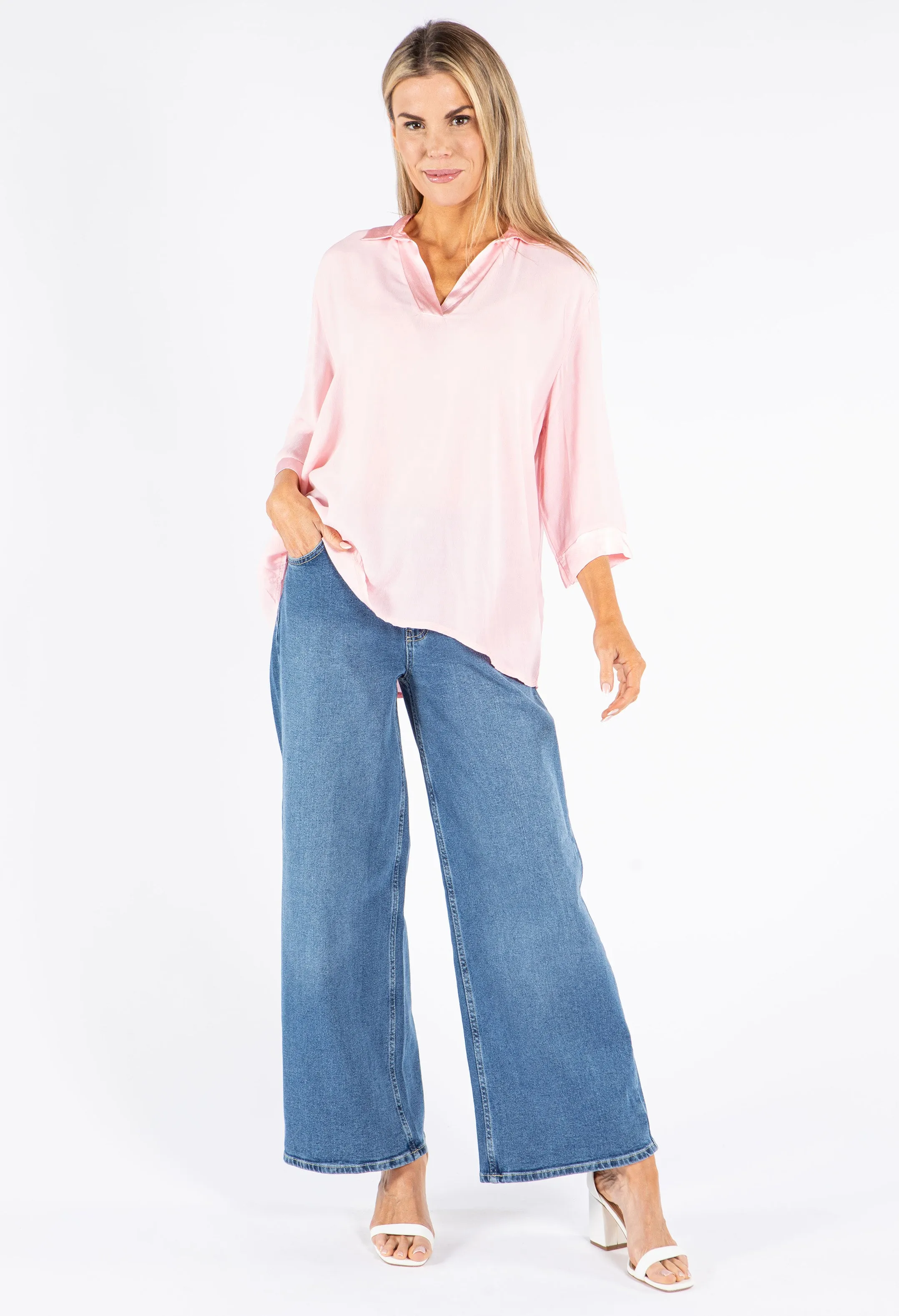 Relaxed Satin Feel V-Neck Top
