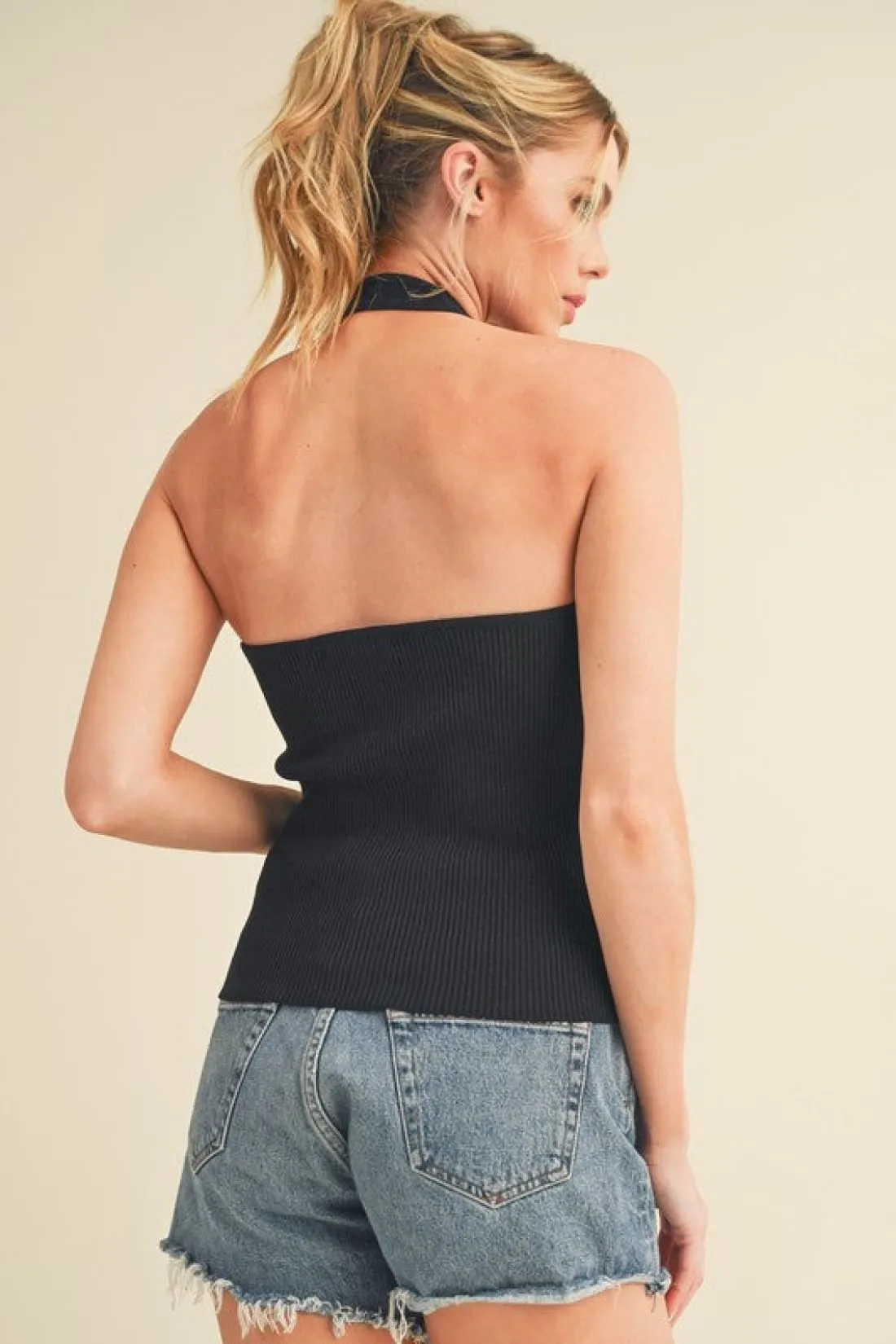 Ribbed Halter Neck Cami in Black