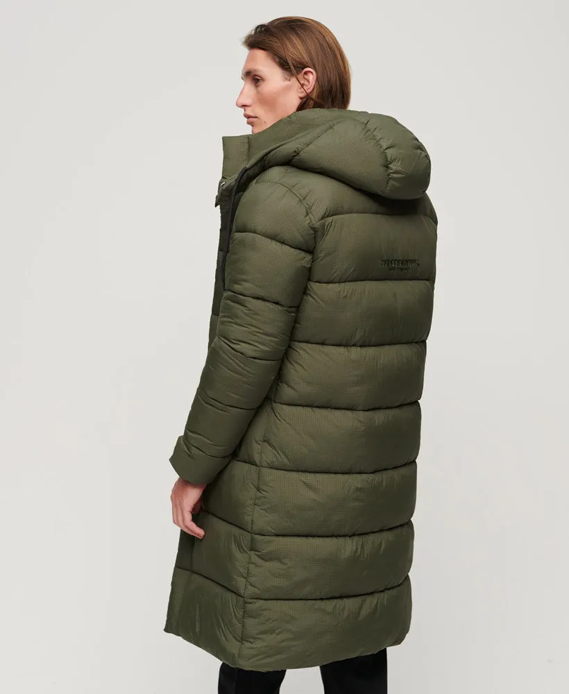Ripstop Longline Puffer Jacket | Dark Moss Green Grid