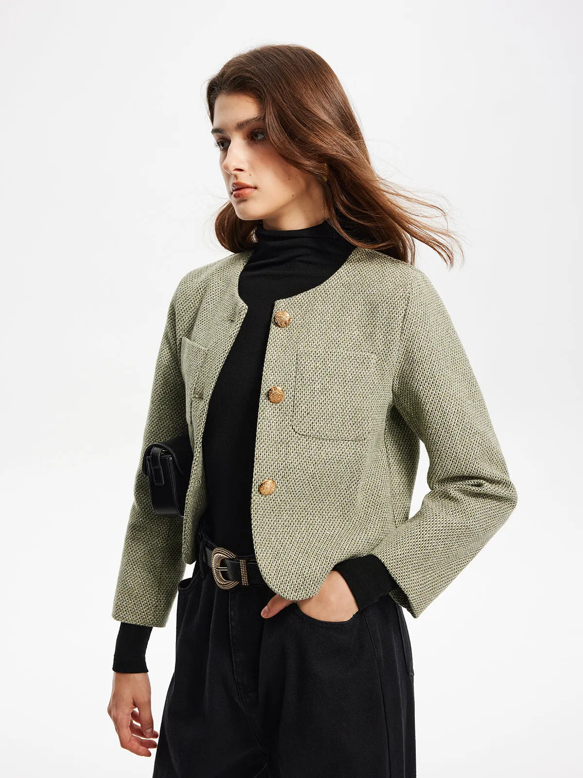 Round Neck Pockets Tweed Jacket