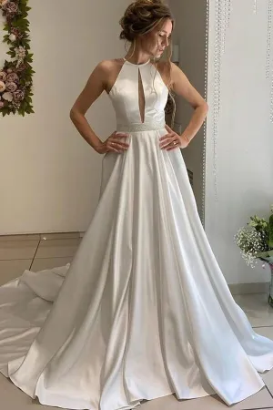 Roycebridal Satin A-line Halter Backless Wedding Dress, Bridal Gown With Beaded Belt, MW713