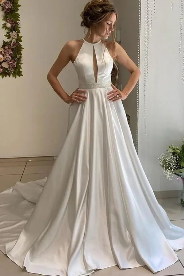 Roycebridal Satin A-line Halter Backless Wedding Dress, Bridal Gown With Beaded Belt, MW713