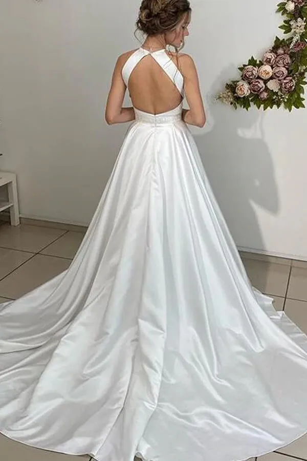 Roycebridal Satin A-line Halter Backless Wedding Dress, Bridal Gown With Beaded Belt, MW713
