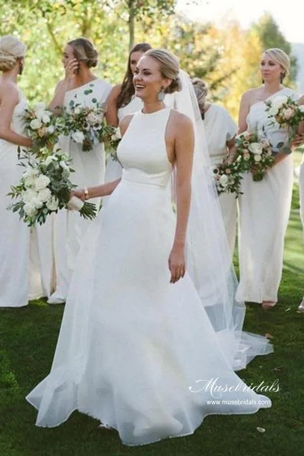 Roycebridal Simple Satin A-line Halter Sleeveless Featured Back Wedding Dresses, MW947