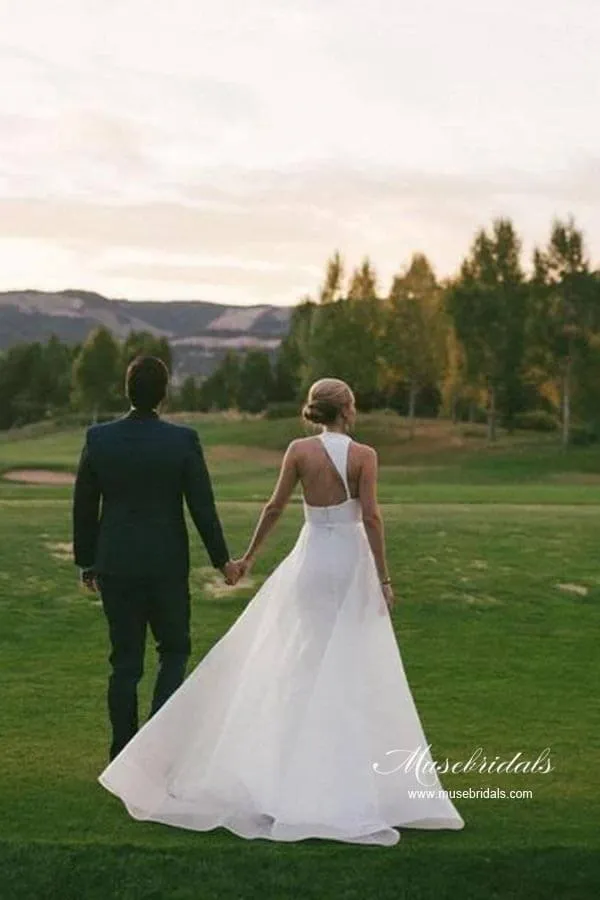 Roycebridal Simple Satin A-line Halter Sleeveless Featured Back Wedding Dresses, MW947
