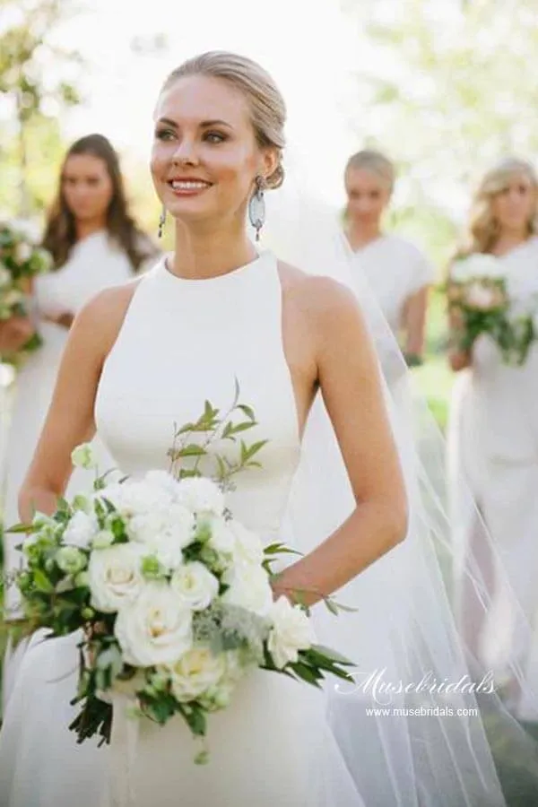 Roycebridal Simple Satin A-line Halter Sleeveless Featured Back Wedding Dresses, MW947