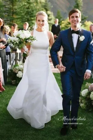 Roycebridal Simple Satin A-line Halter Sleeveless Featured Back Wedding Dresses, MW947