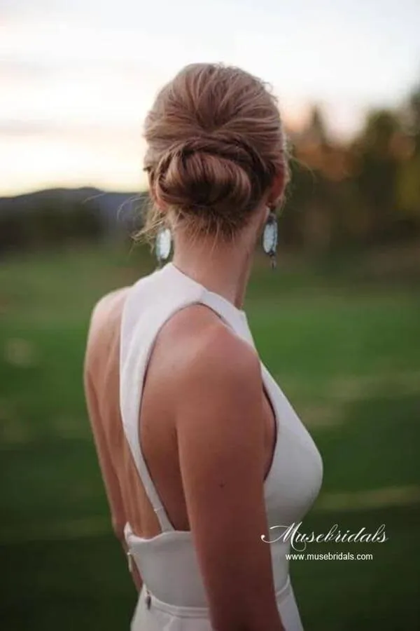 Roycebridal Simple Satin A-line Halter Sleeveless Featured Back Wedding Dresses, MW947