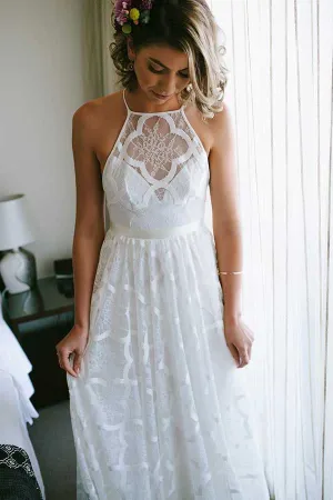 Roycebridal White A-line Halter Sweep Train Lace Wedding Dresses, Wedding Gowns, MW725
