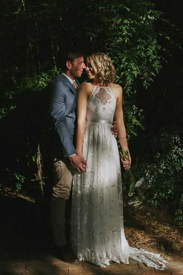 Roycebridal White A-line Halter Sweep Train Lace Wedding Dresses, Wedding Gowns, MW725