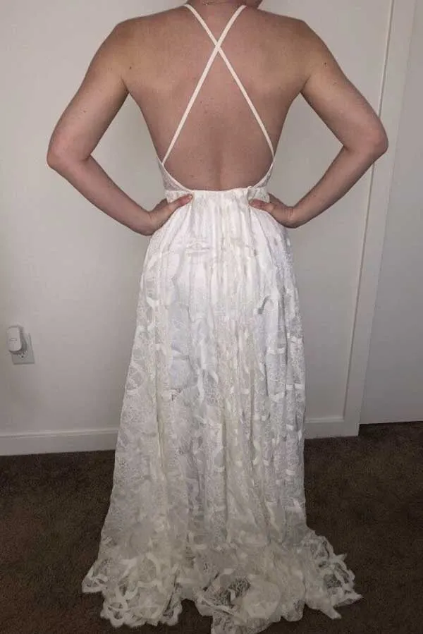Roycebridal White A-line Halter Sweep Train Lace Wedding Dresses, Wedding Gowns, MW725