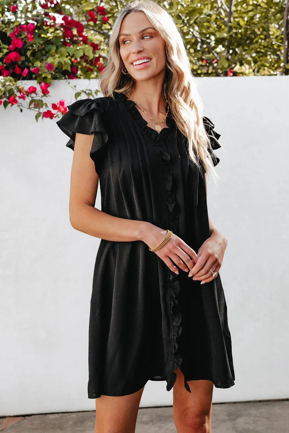 Ruffle Sleeve V-Neck Frilled Shift Dress