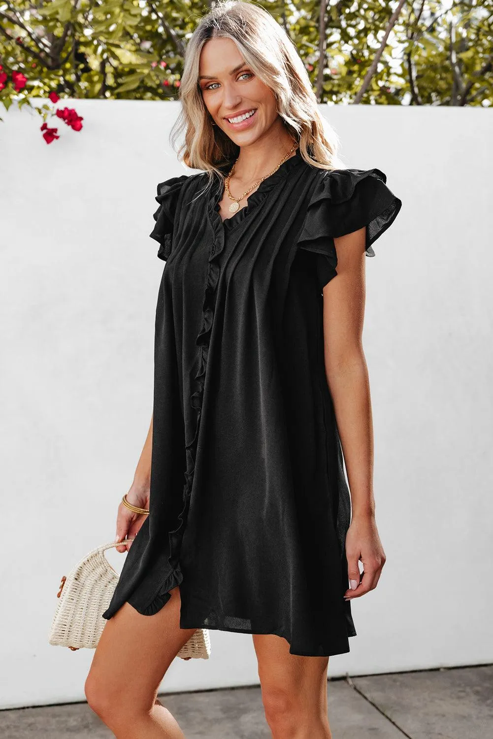 Ruffle Sleeve V-Neck Frilled Shift Dress