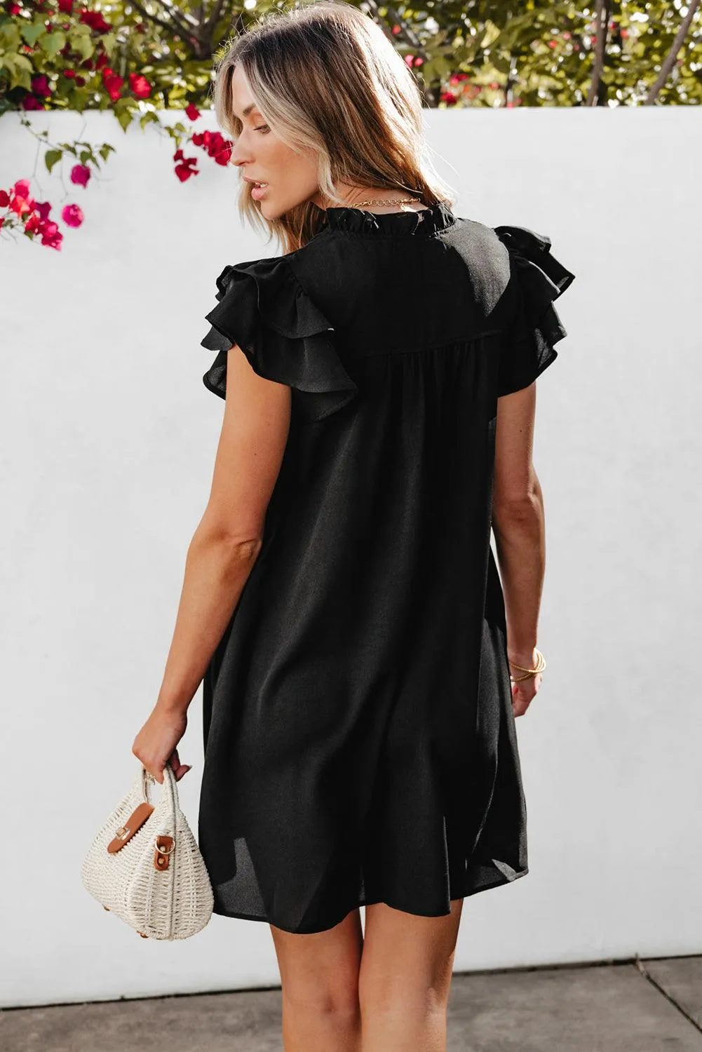 Ruffle Sleeve V-Neck Frilled Shift Dress