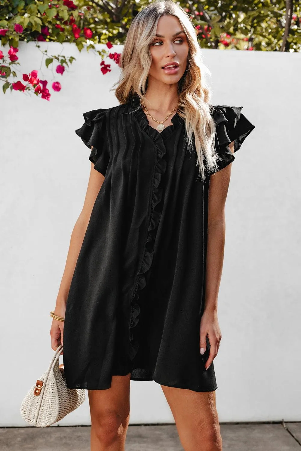 Ruffle Sleeve V-Neck Frilled Shift Dress