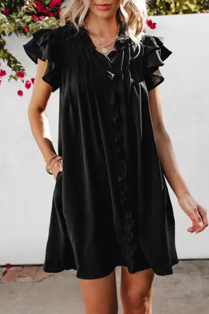Ruffle Sleeve V-Neck Frilled Shift Dress