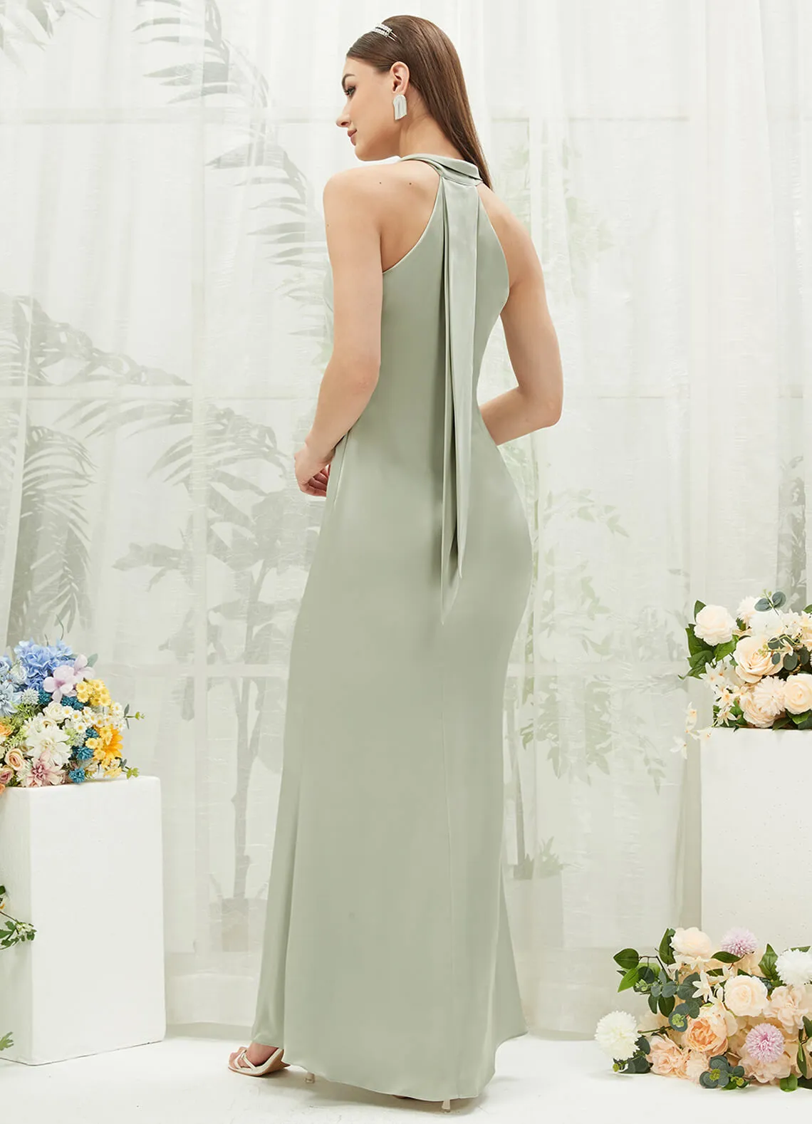 Sage Green Silk Satin Halter Neck Sheath Sleeveless Bridesmaid Dress