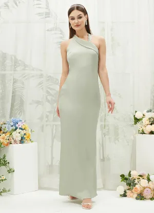 Sage Green Silk Satin Halter Neck Sheath Sleeveless Bridesmaid Dress