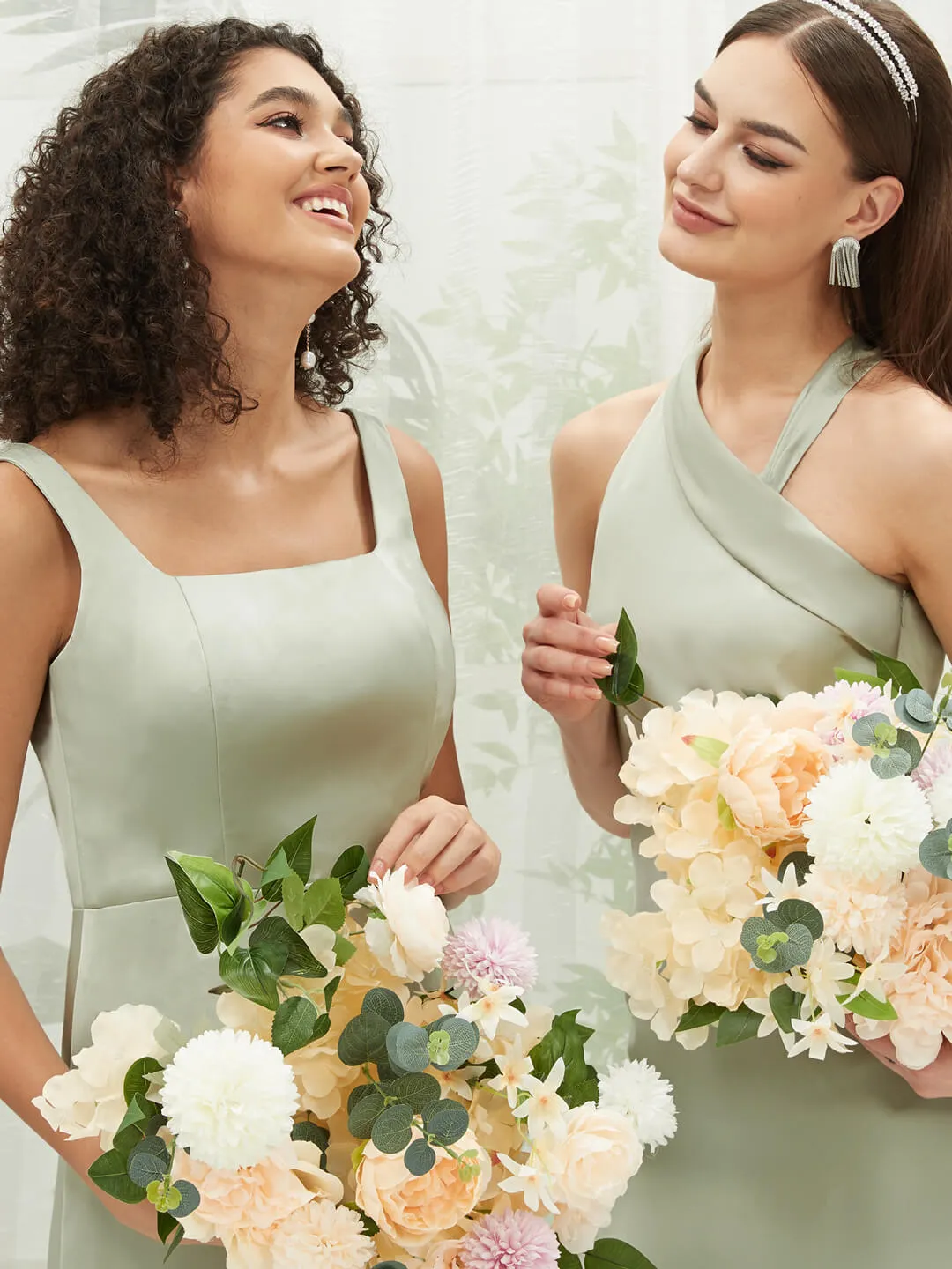 Sage Green Silk Satin Halter Neck Sheath Sleeveless Bridesmaid Dress