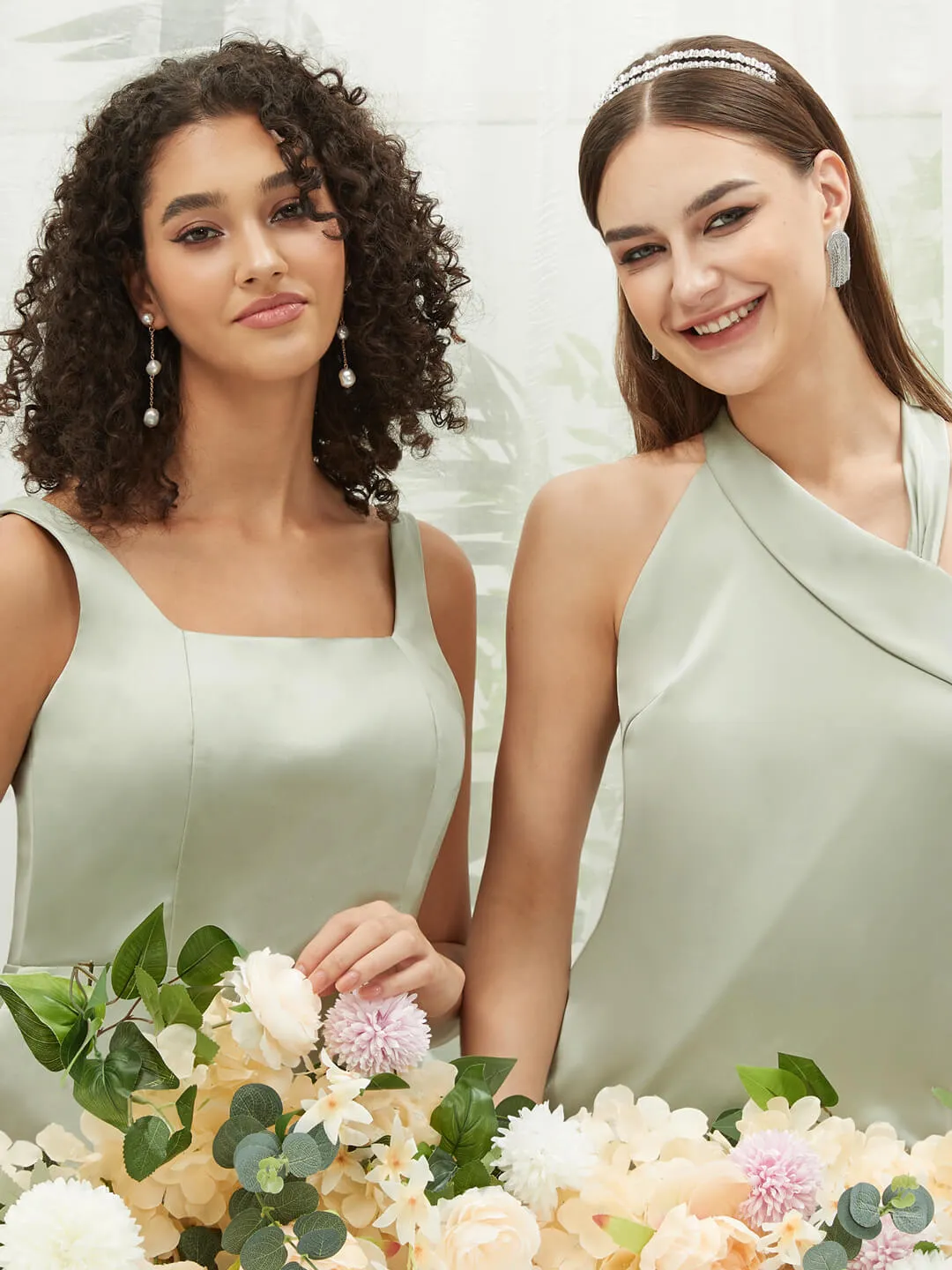 Sage Green Silk Satin Halter Neck Sheath Sleeveless Bridesmaid Dress