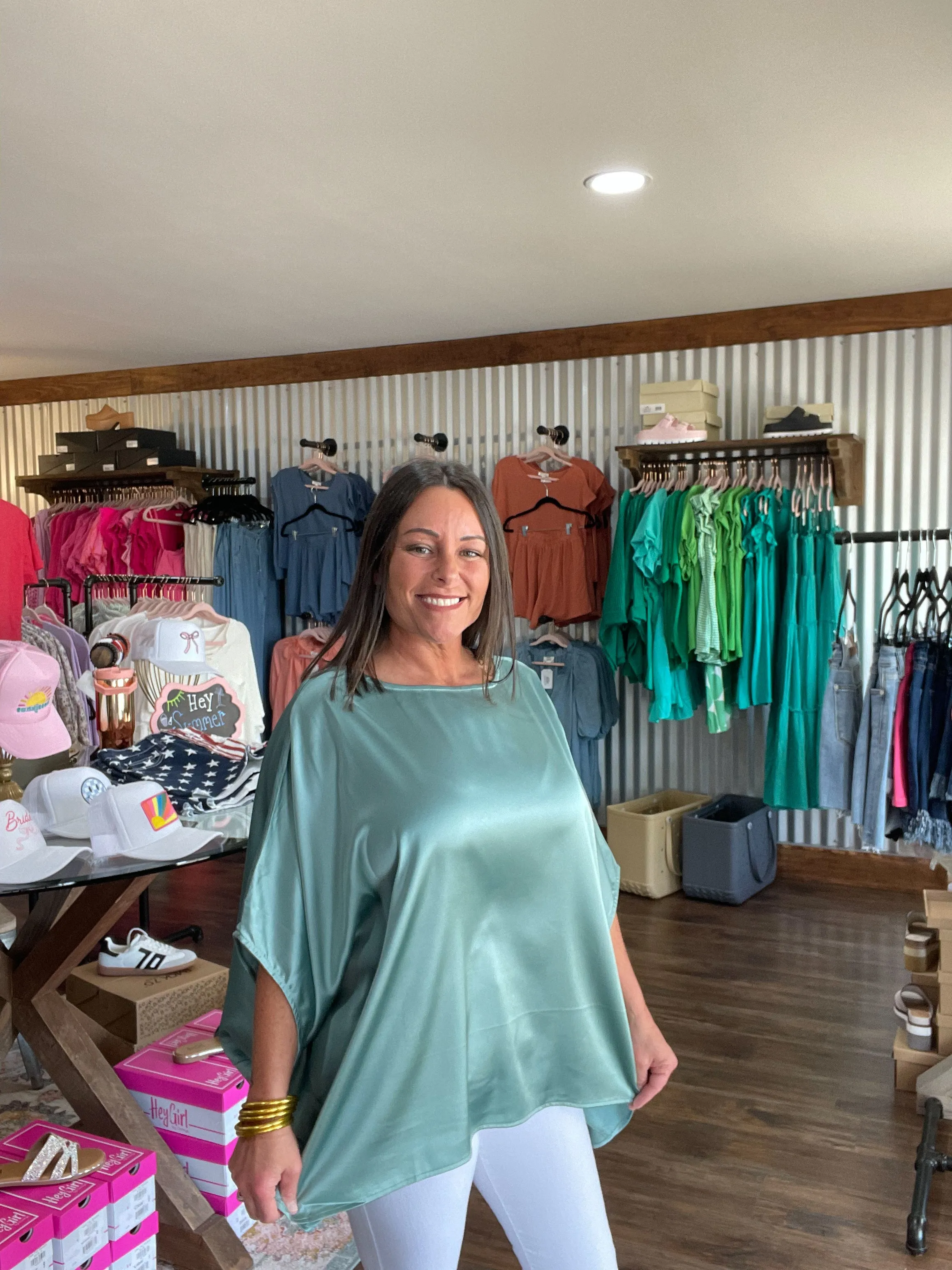 Sage Satin Dolman Sleeve Blouse
