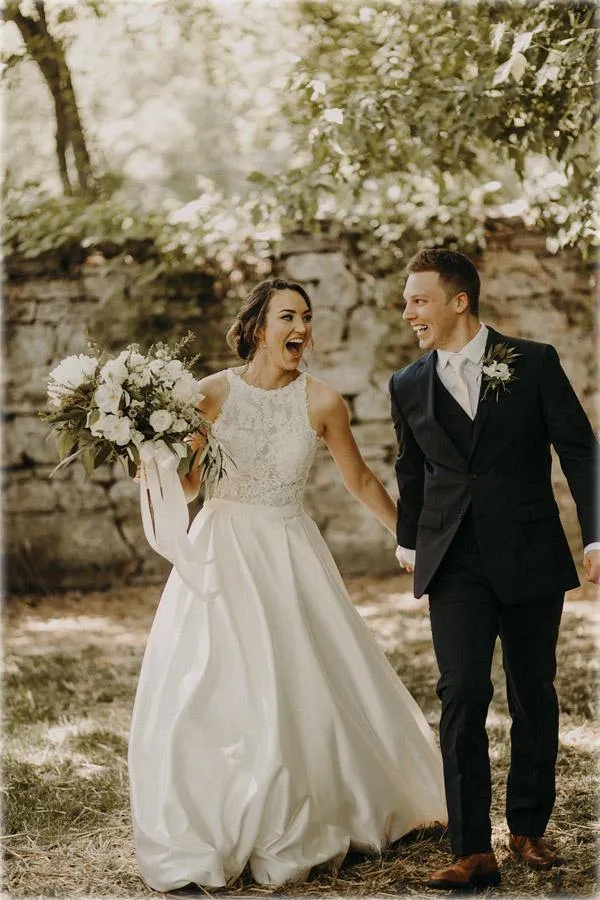 Satin A-line Halter Lace Wedding Dresses With Sweep Train, Bridal Gown, MW778