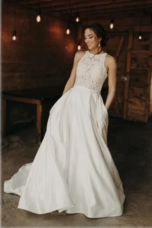 Satin A-line Halter Lace Wedding Dresses With Sweep Train, Bridal Gown, MW778