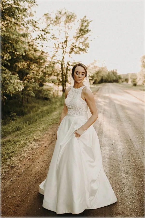 Satin A-line Halter Lace Wedding Dresses With Sweep Train, Bridal Gown, MW778