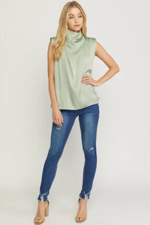 SATIN COWL NECK SLEEVELESS TOP