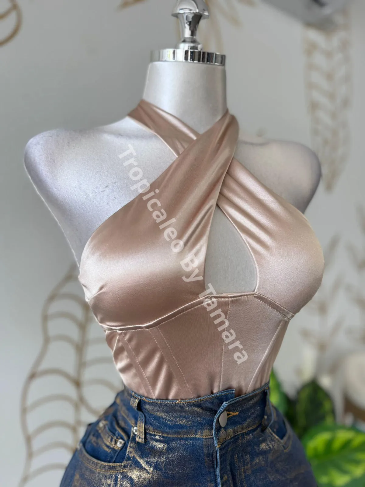 Satin Cross Neck Halter Top