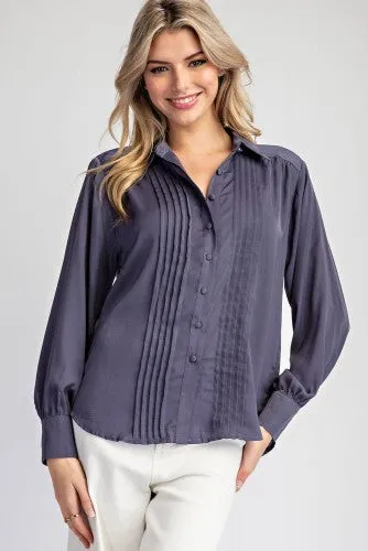 Satin Like Button Down Pintuck Blouse
