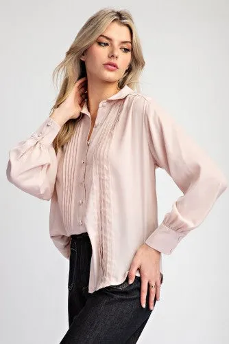 Satin Like Button Down Pintuck Blouse