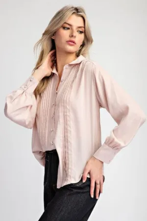 Satin Like Button Down Pintuck Blouse