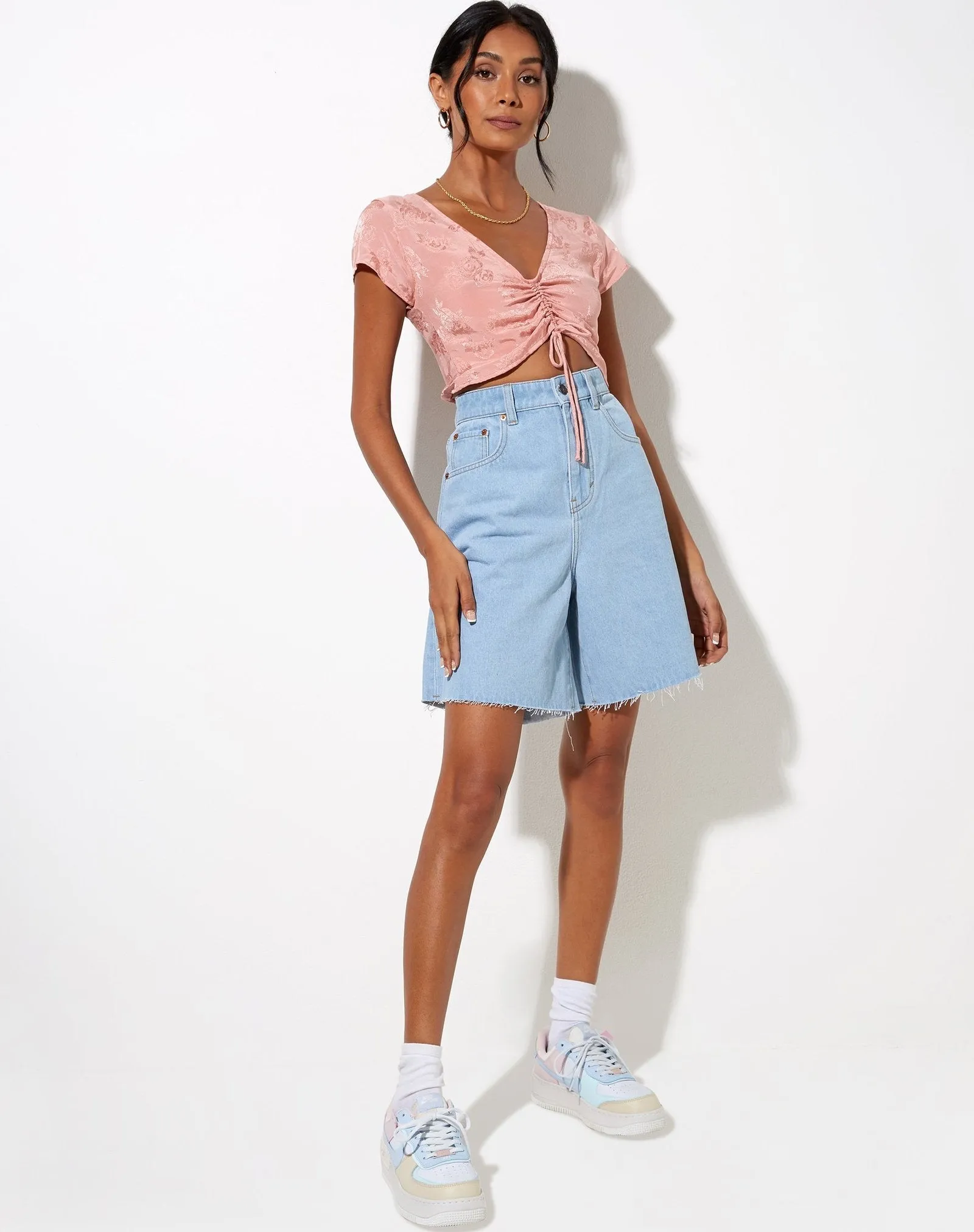 Satin Rose Print Short Sleeve  V Neck Ruch Tie Crop Top