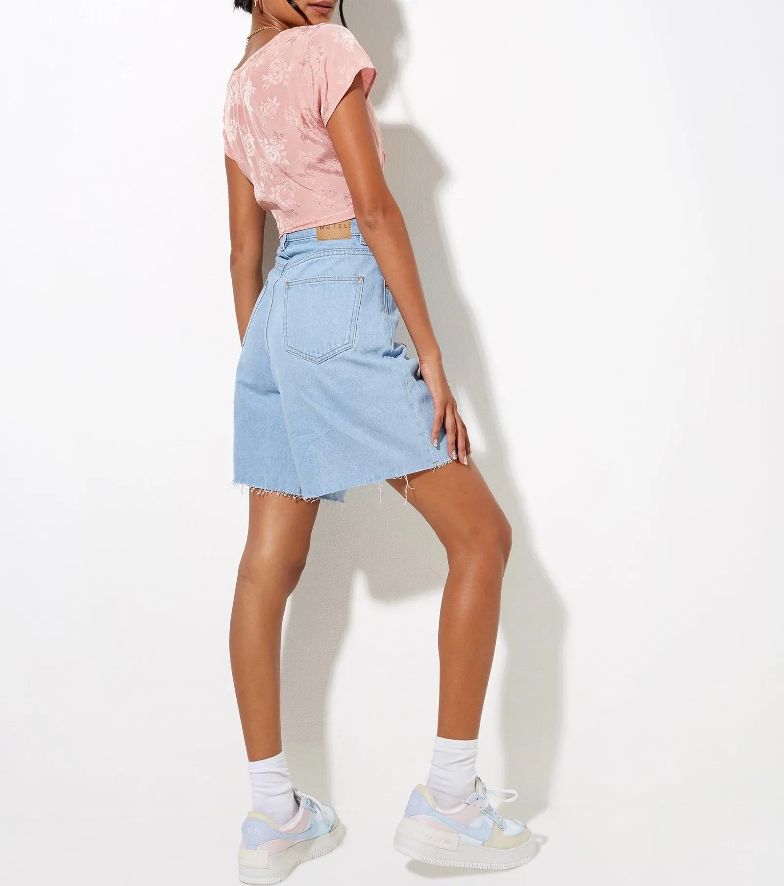 Satin Rose Print Short Sleeve  V Neck Ruch Tie Crop Top