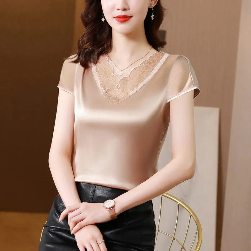 Satin top with beige round embroidery