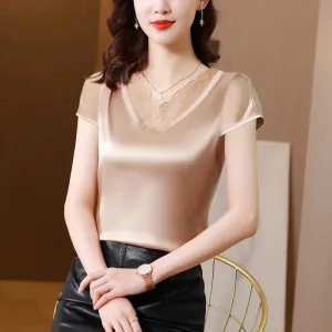 Satin top with beige round embroidery