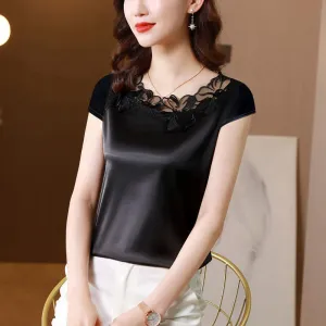 Satin top with black flower embroidery