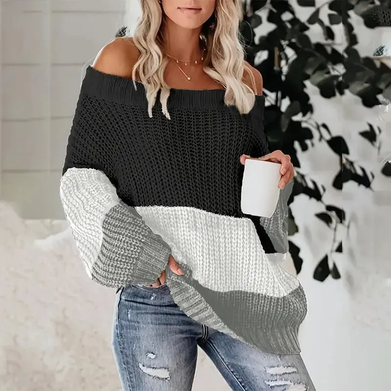 See Through Mesh Hollow Out Tops Long Sleeve Off Shoulder Color Blocking Pullover Knitted Sweater Women