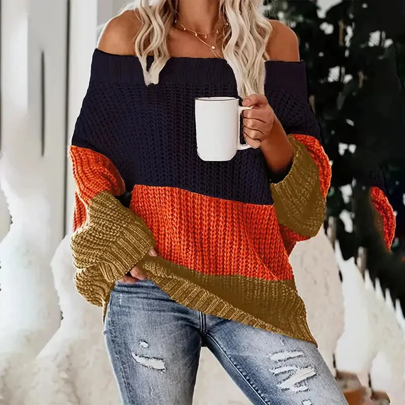 See Through Mesh Hollow Out Tops Long Sleeve Off Shoulder Color Blocking Pullover Knitted Sweater Women