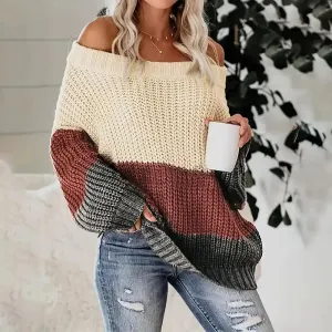 See Through Mesh Hollow Out Tops Long Sleeve Off Shoulder Color Blocking Pullover Knitted Sweater Women