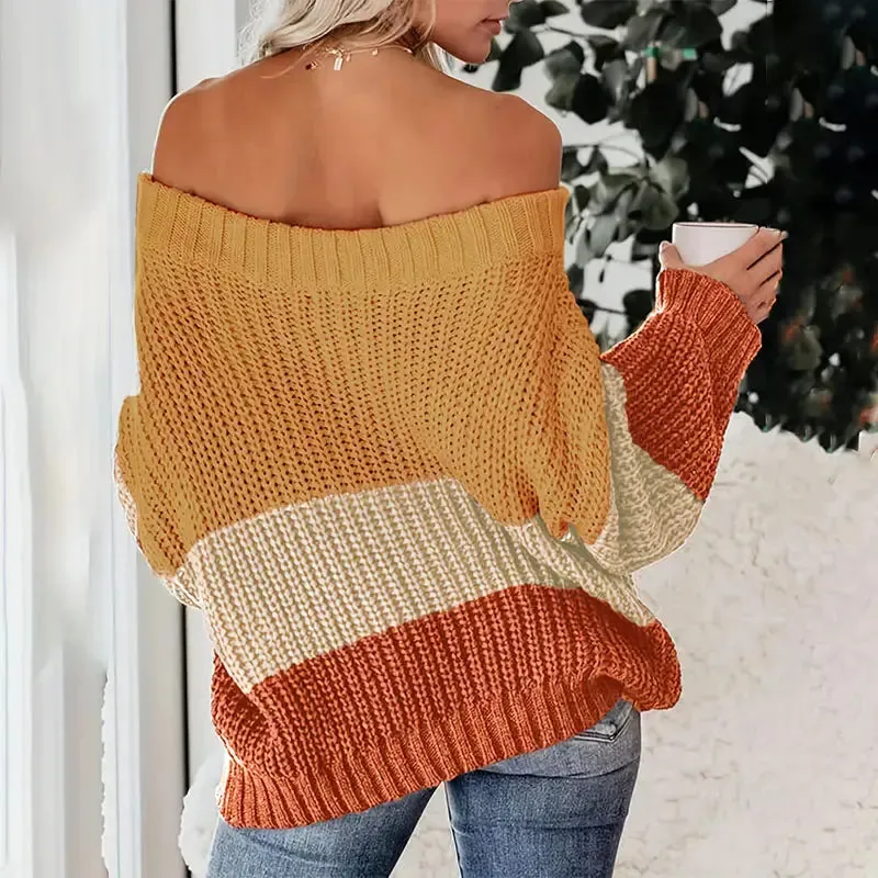 See Through Mesh Hollow Out Tops Long Sleeve Off Shoulder Color Blocking Pullover Knitted Sweater Women