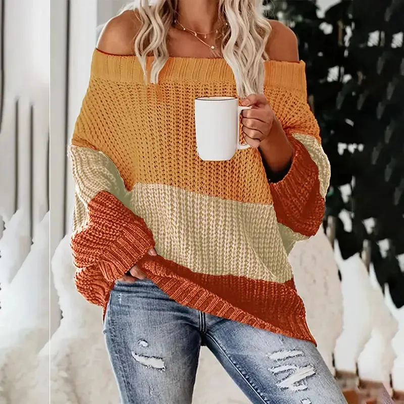 See Through Mesh Hollow Out Tops Long Sleeve Off Shoulder Color Blocking Pullover Knitted Sweater Women