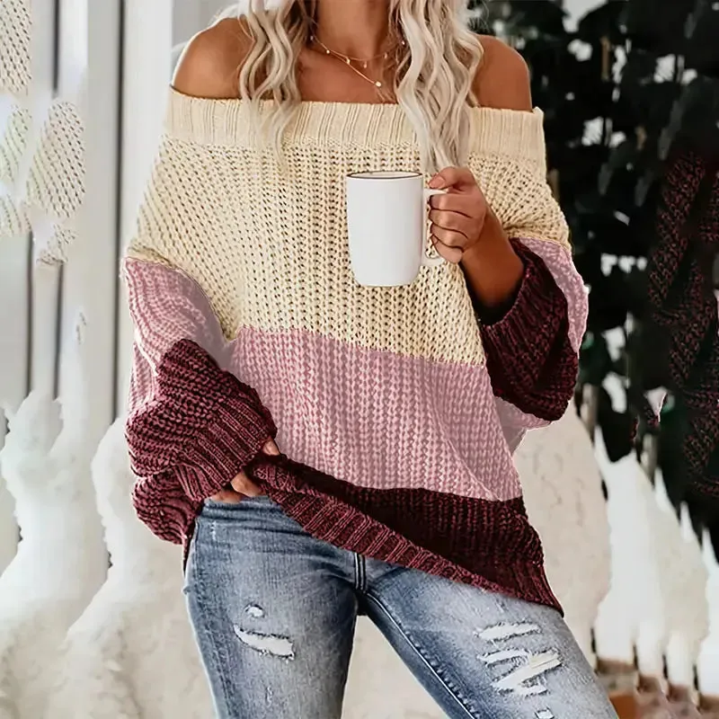 See Through Mesh Hollow Out Tops Long Sleeve Off Shoulder Color Blocking Pullover Knitted Sweater Women
