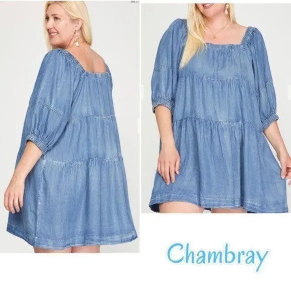 She   Sky Chambray Blue Faux Denim Dress with Pockets 2XL