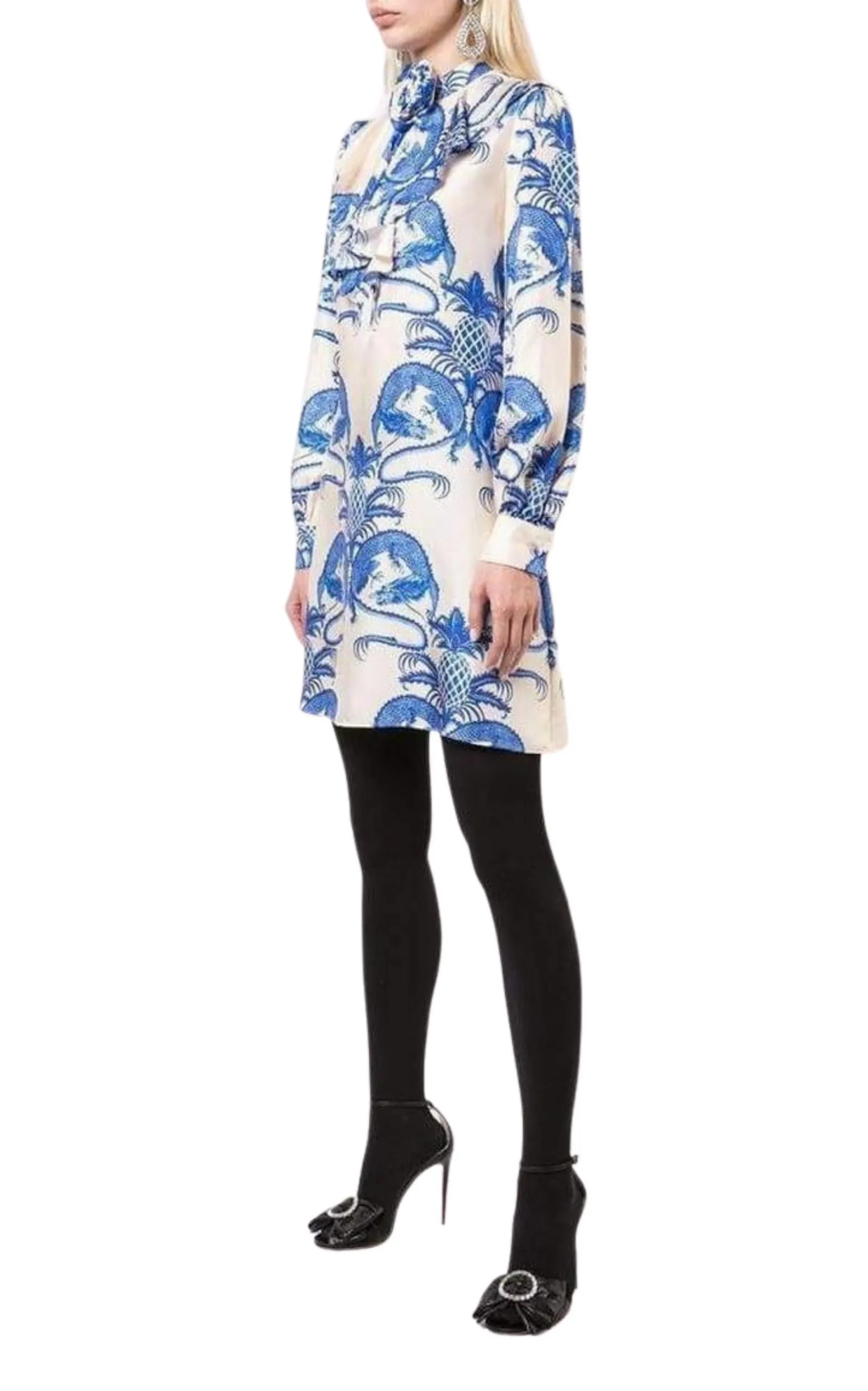 Silk Dragon Print Twill Ruffle Neck Dress