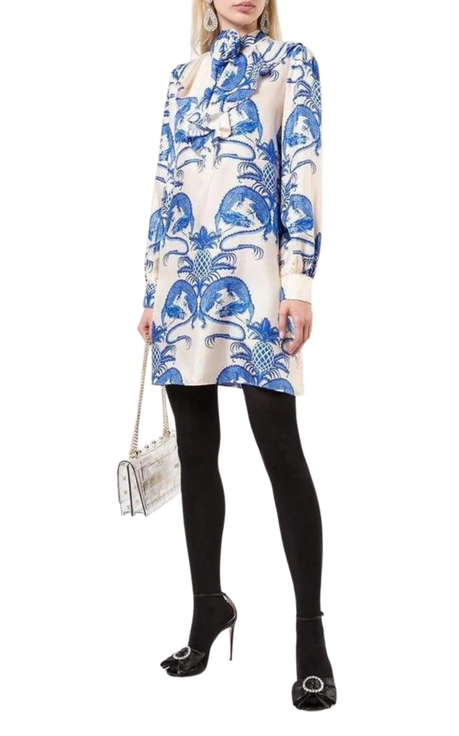 Silk Dragon Print Twill Ruffle Neck Dress